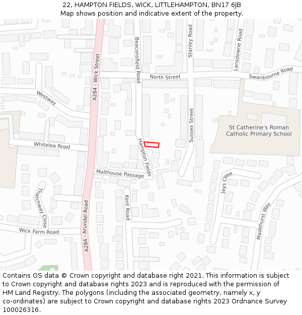 22, HAMPTON FIELDS, WICK, LITTLEHAMPTON, BN17 6JB: Location map and indicative extent of plot