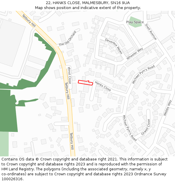 22, HANKS CLOSE, MALMESBURY, SN16 9UA: Location map and indicative extent of plot