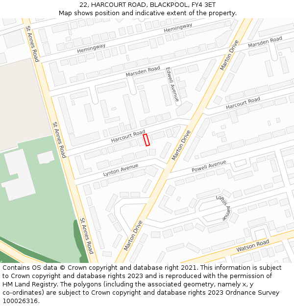 22, HARCOURT ROAD, BLACKPOOL, FY4 3ET: Location map and indicative extent of plot