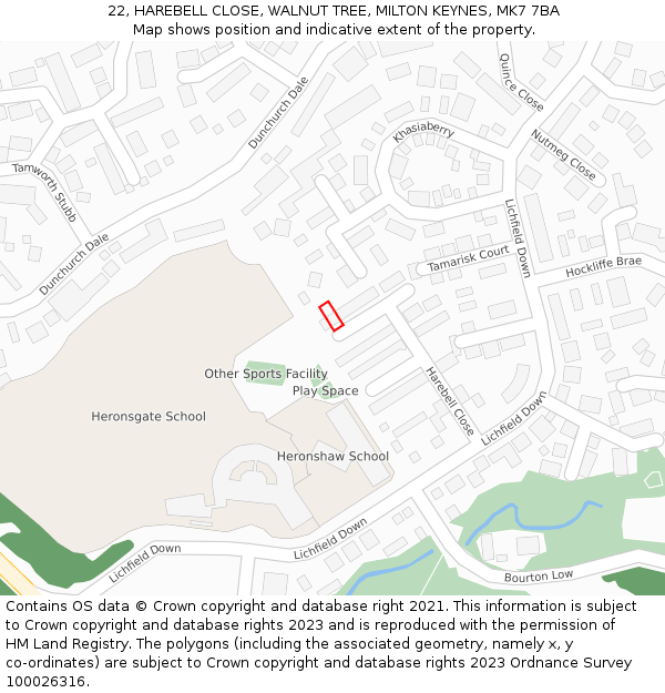 22, HAREBELL CLOSE, WALNUT TREE, MILTON KEYNES, MK7 7BA: Location map and indicative extent of plot