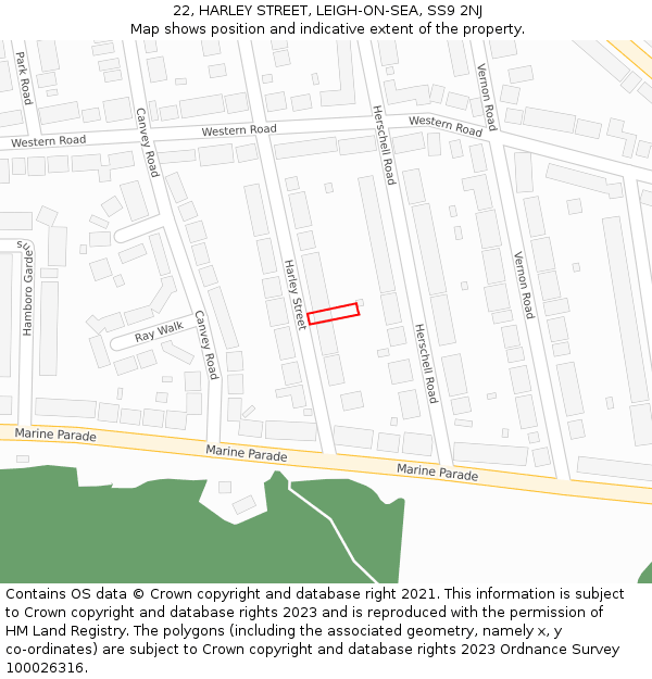 22, HARLEY STREET, LEIGH-ON-SEA, SS9 2NJ: Location map and indicative extent of plot