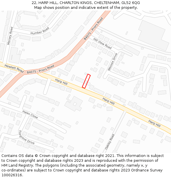 22, HARP HILL, CHARLTON KINGS, CHELTENHAM, GL52 6QG: Location map and indicative extent of plot