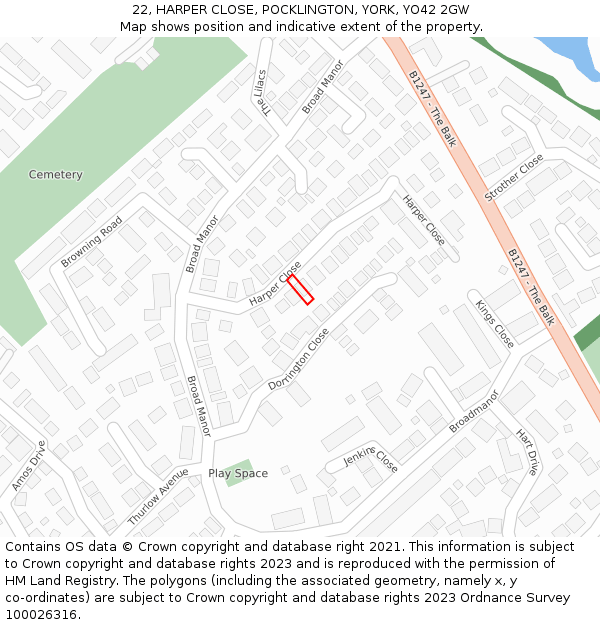 22, HARPER CLOSE, POCKLINGTON, YORK, YO42 2GW: Location map and indicative extent of plot