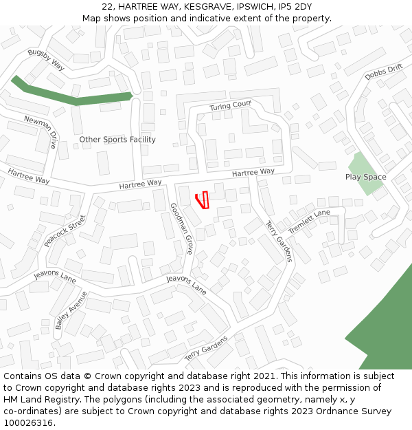 22, HARTREE WAY, KESGRAVE, IPSWICH, IP5 2DY: Location map and indicative extent of plot