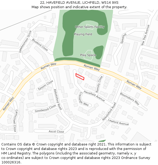 22, HAVEFIELD AVENUE, LICHFIELD, WS14 9XS: Location map and indicative extent of plot