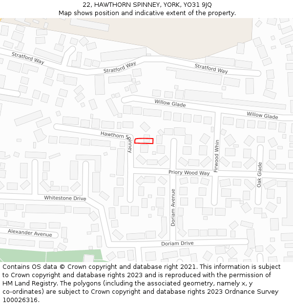 22, HAWTHORN SPINNEY, YORK, YO31 9JQ: Location map and indicative extent of plot