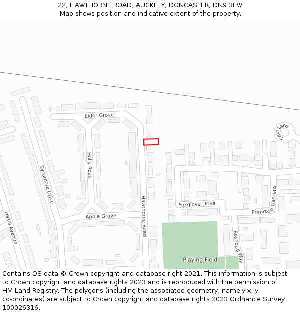 22, HAWTHORNE ROAD, AUCKLEY, DONCASTER, DN9 3EW: Location map and indicative extent of plot