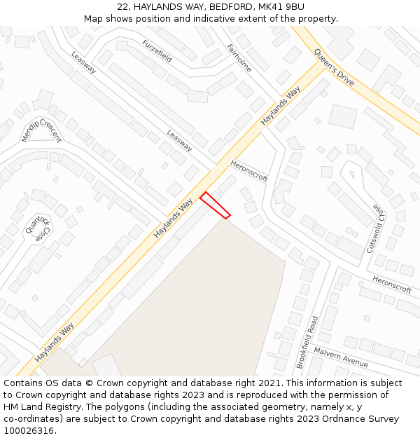 22, HAYLANDS WAY, BEDFORD, MK41 9BU: Location map and indicative extent of plot