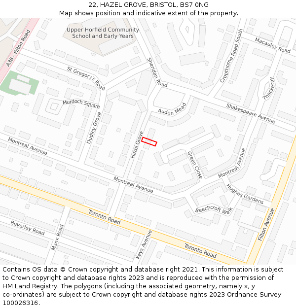 22, HAZEL GROVE, BRISTOL, BS7 0NG: Location map and indicative extent of plot