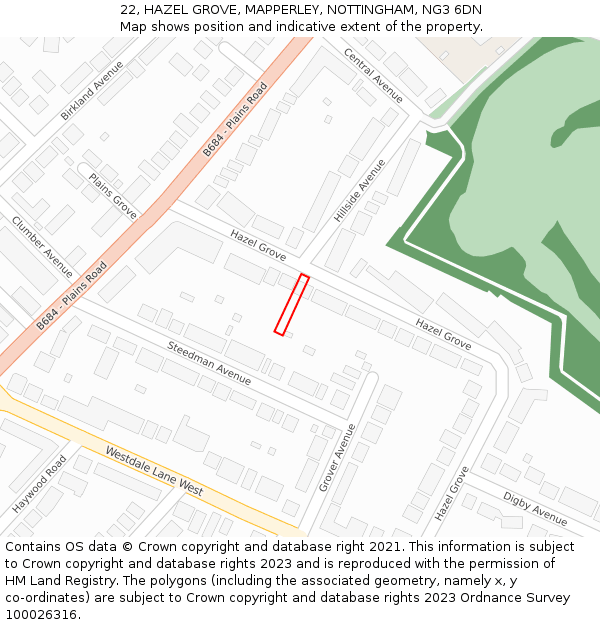 22, HAZEL GROVE, MAPPERLEY, NOTTINGHAM, NG3 6DN: Location map and indicative extent of plot