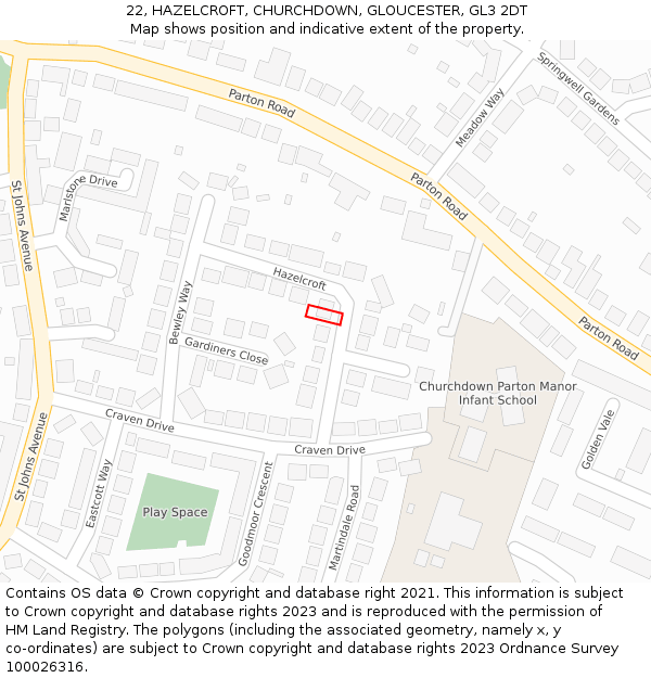 22, HAZELCROFT, CHURCHDOWN, GLOUCESTER, GL3 2DT: Location map and indicative extent of plot