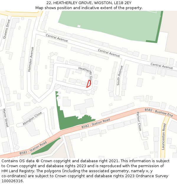 22, HEATHERLEY GROVE, WIGSTON, LE18 2EY: Location map and indicative extent of plot