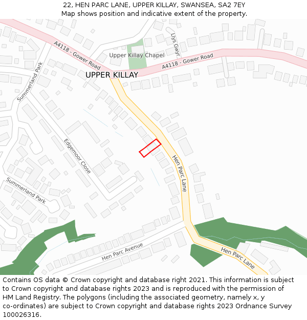 22, HEN PARC LANE, UPPER KILLAY, SWANSEA, SA2 7EY: Location map and indicative extent of plot