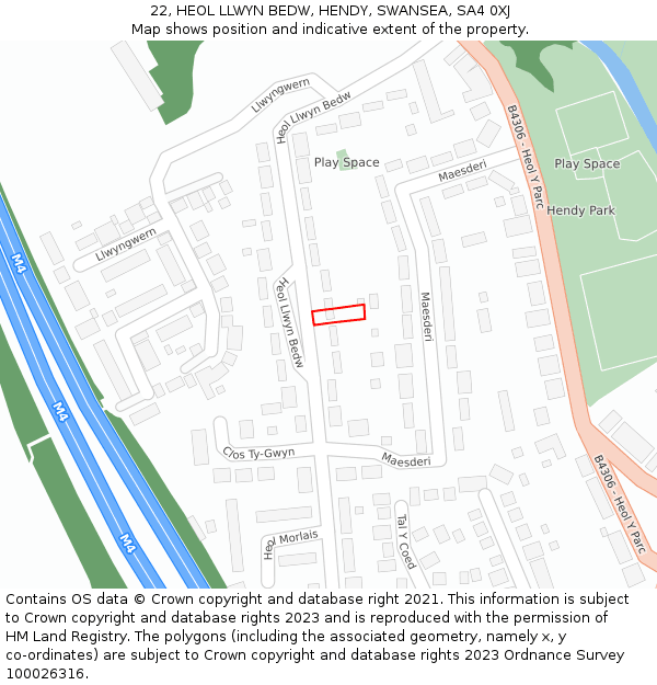 22, HEOL LLWYN BEDW, HENDY, SWANSEA, SA4 0XJ: Location map and indicative extent of plot
