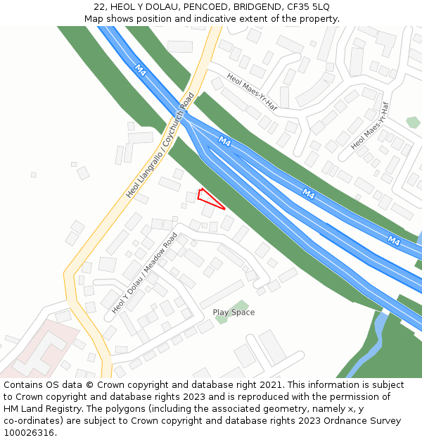 22, HEOL Y DOLAU, PENCOED, BRIDGEND, CF35 5LQ: Location map and indicative extent of plot