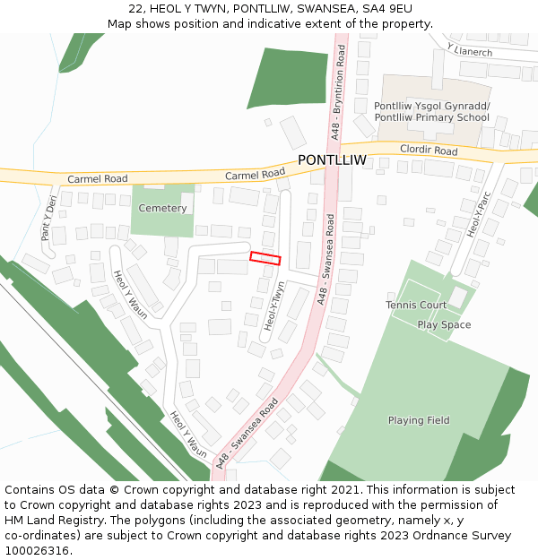 22, HEOL Y TWYN, PONTLLIW, SWANSEA, SA4 9EU: Location map and indicative extent of plot