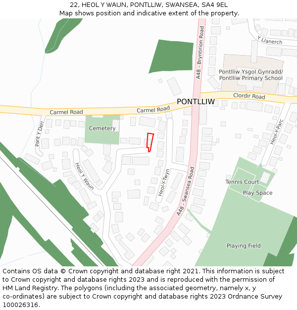 22, HEOL Y WAUN, PONTLLIW, SWANSEA, SA4 9EL: Location map and indicative extent of plot