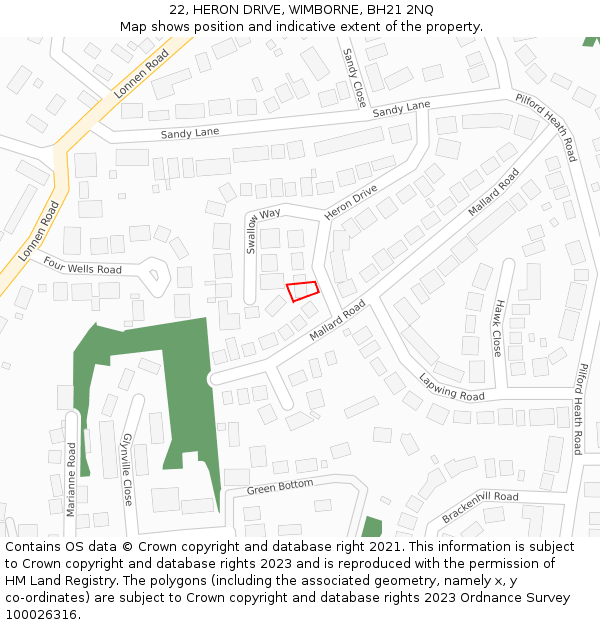 22, HERON DRIVE, WIMBORNE, BH21 2NQ: Location map and indicative extent of plot
