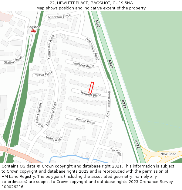 22, HEWLETT PLACE, BAGSHOT, GU19 5NA: Location map and indicative extent of plot