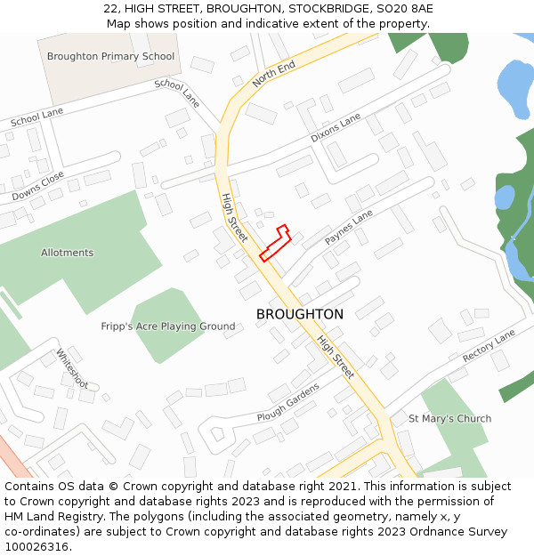 22, HIGH STREET, BROUGHTON, STOCKBRIDGE, SO20 8AE: Location map and indicative extent of plot