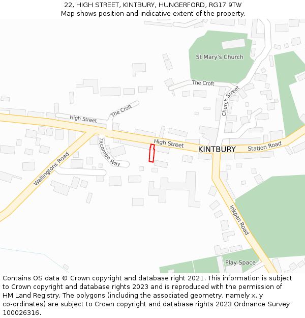 22, HIGH STREET, KINTBURY, HUNGERFORD, RG17 9TW: Location map and indicative extent of plot