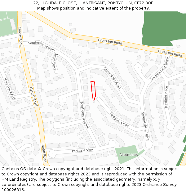 22, HIGHDALE CLOSE, LLANTRISANT, PONTYCLUN, CF72 8QE: Location map and indicative extent of plot