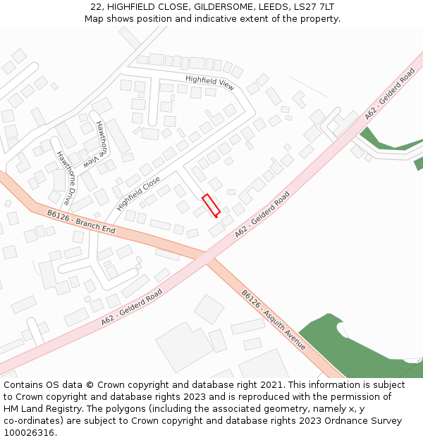 22, HIGHFIELD CLOSE, GILDERSOME, LEEDS, LS27 7LT: Location map and indicative extent of plot