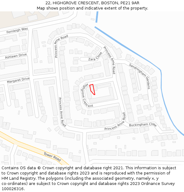 22, HIGHGROVE CRESCENT, BOSTON, PE21 9AR: Location map and indicative extent of plot