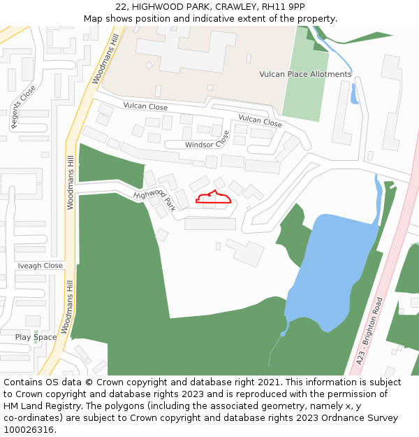 22, HIGHWOOD PARK, CRAWLEY, RH11 9PP: Location map and indicative extent of plot