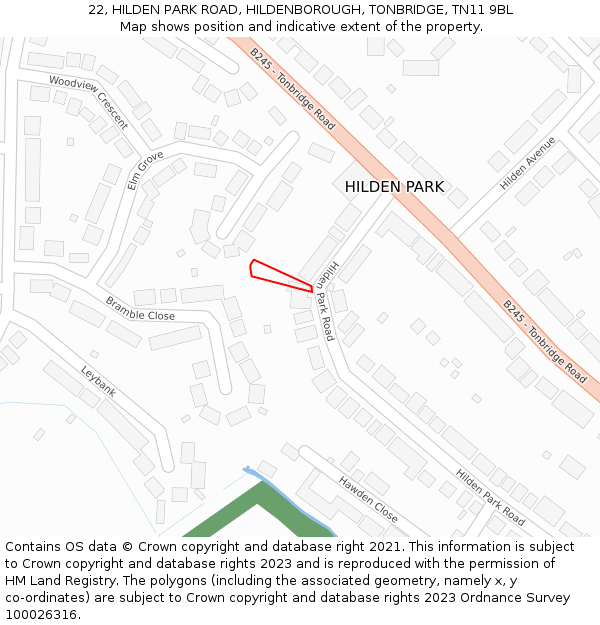 22, HILDEN PARK ROAD, HILDENBOROUGH, TONBRIDGE, TN11 9BL: Location map and indicative extent of plot