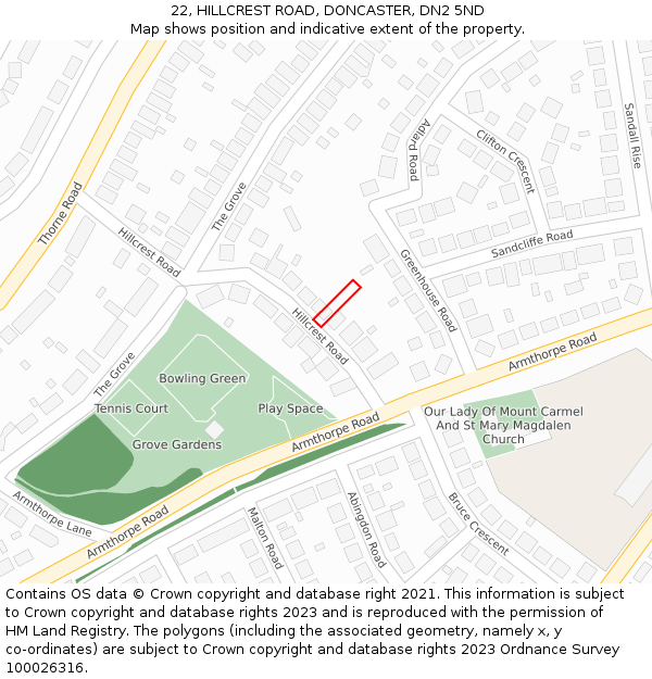 22, HILLCREST ROAD, DONCASTER, DN2 5ND: Location map and indicative extent of plot