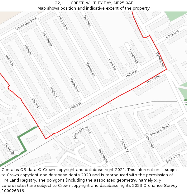 22, HILLCREST, WHITLEY BAY, NE25 9AF: Location map and indicative extent of plot