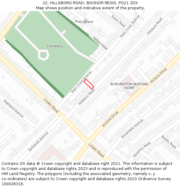 22, HILLSBORO ROAD, BOGNOR REGIS, PO21 2DX: Location map and indicative extent of plot