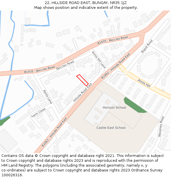 22, HILLSIDE ROAD EAST, BUNGAY, NR35 1JZ: Location map and indicative extent of plot