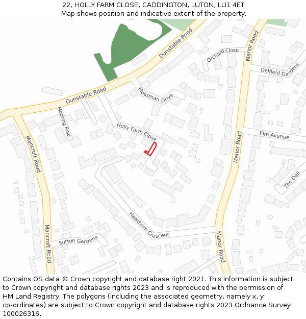 22, HOLLY FARM CLOSE, CADDINGTON, LUTON, LU1 4ET: Location map and indicative extent of plot