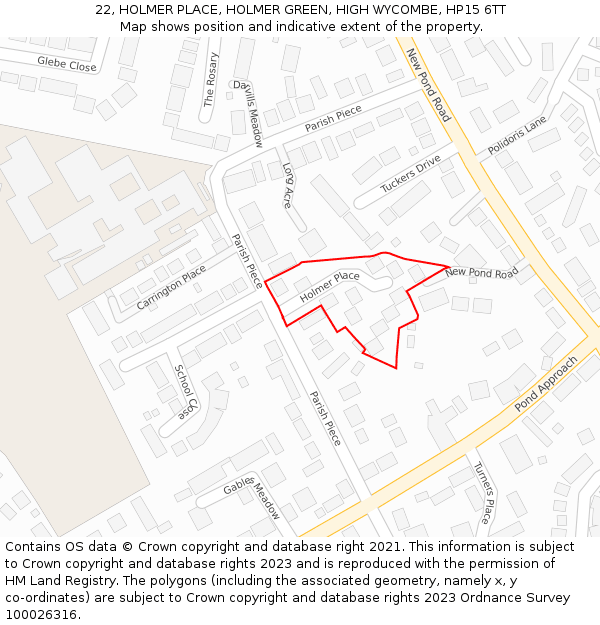 22, HOLMER PLACE, HOLMER GREEN, HIGH WYCOMBE, HP15 6TT: Location map and indicative extent of plot