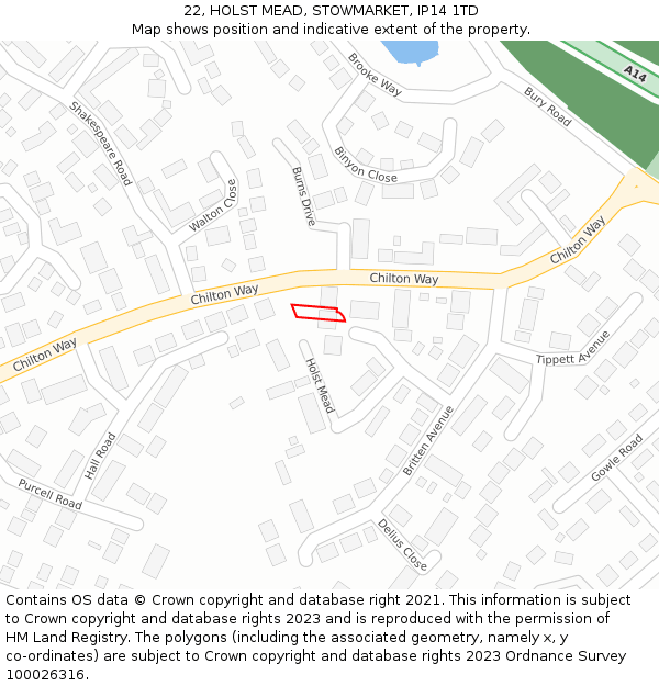 22, HOLST MEAD, STOWMARKET, IP14 1TD: Location map and indicative extent of plot