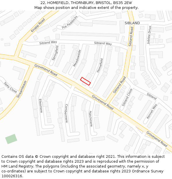 22, HOMEFIELD, THORNBURY, BRISTOL, BS35 2EW: Location map and indicative extent of plot