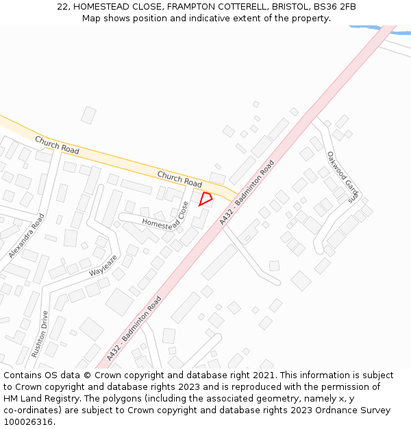 22, HOMESTEAD CLOSE, FRAMPTON COTTERELL, BRISTOL, BS36 2FB: Location map and indicative extent of plot