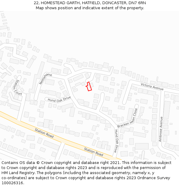 22, HOMESTEAD GARTH, HATFIELD, DONCASTER, DN7 6RN: Location map and indicative extent of plot