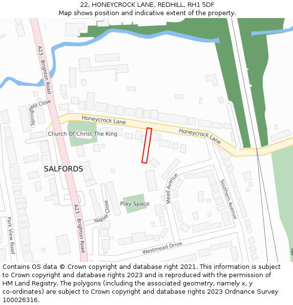 22, HONEYCROCK LANE, REDHILL, RH1 5DF: Location map and indicative extent of plot