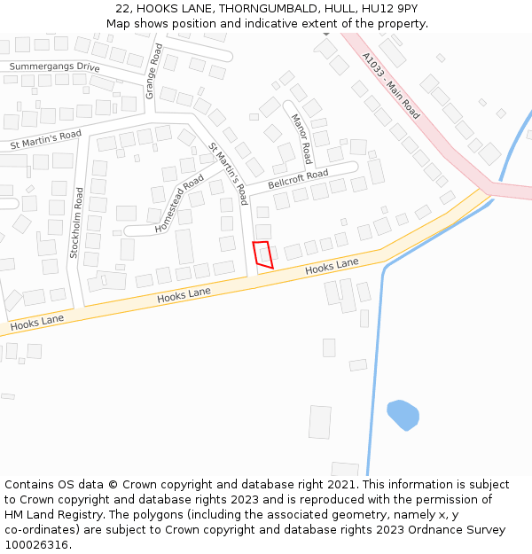 22, HOOKS LANE, THORNGUMBALD, HULL, HU12 9PY: Location map and indicative extent of plot