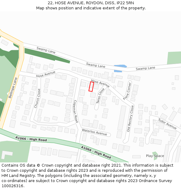 22, HOSE AVENUE, ROYDON, DISS, IP22 5RN: Location map and indicative extent of plot