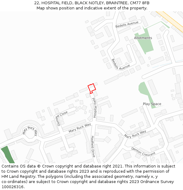 22, HOSPITAL FIELD, BLACK NOTLEY, BRAINTREE, CM77 8FB: Location map and indicative extent of plot