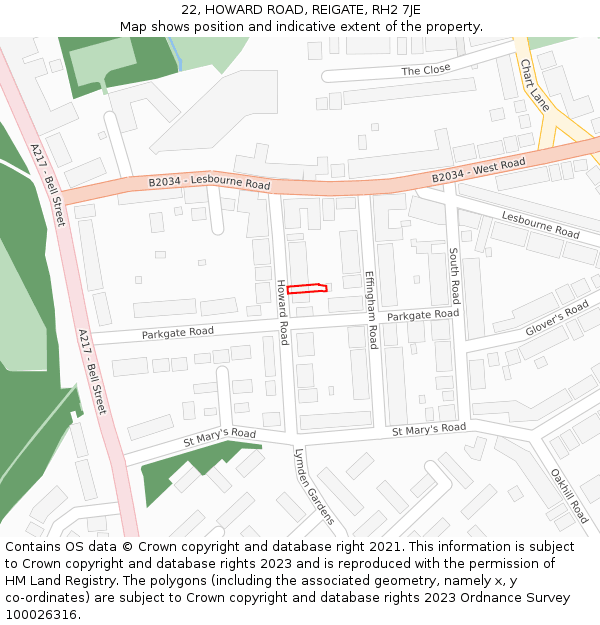 22, HOWARD ROAD, REIGATE, RH2 7JE: Location map and indicative extent of plot