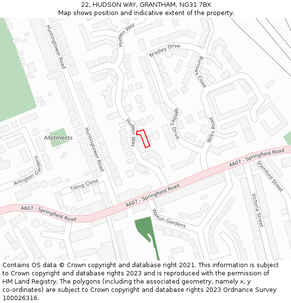 22, HUDSON WAY, GRANTHAM, NG31 7BX: Location map and indicative extent of plot