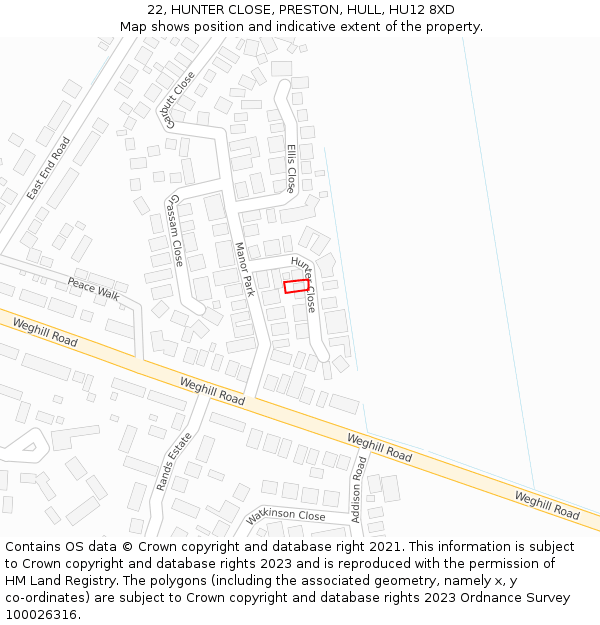 22, HUNTER CLOSE, PRESTON, HULL, HU12 8XD: Location map and indicative extent of plot