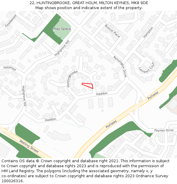 22, HUNTINGBROOKE, GREAT HOLM, MILTON KEYNES, MK8 9DE: Location map and indicative extent of plot