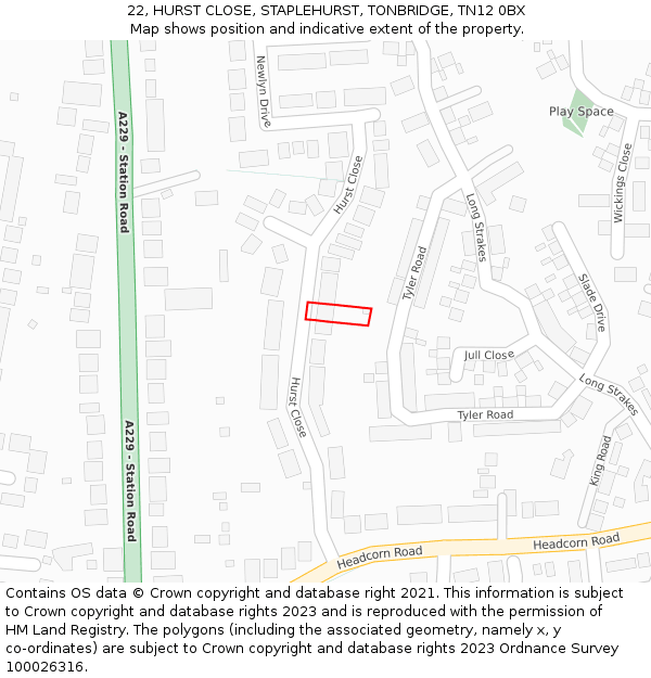 22, HURST CLOSE, STAPLEHURST, TONBRIDGE, TN12 0BX: Location map and indicative extent of plot