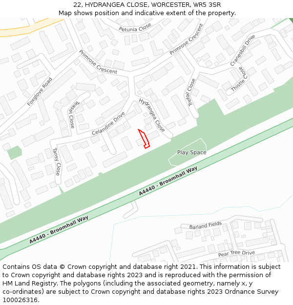 22, HYDRANGEA CLOSE, WORCESTER, WR5 3SR: Location map and indicative extent of plot